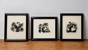 Set of 3 Vintage Panda Reverse Glass Art | Mid Century Asian Decor
